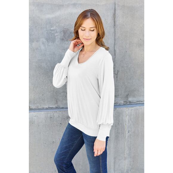 BASIC BAE Plus White V-Neck Long Lantern Sleeve Banded Waist Top NEW - Picture 5 of 8